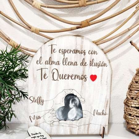 Marco para ecografía con frase personalizada y manitos de familia con nombres